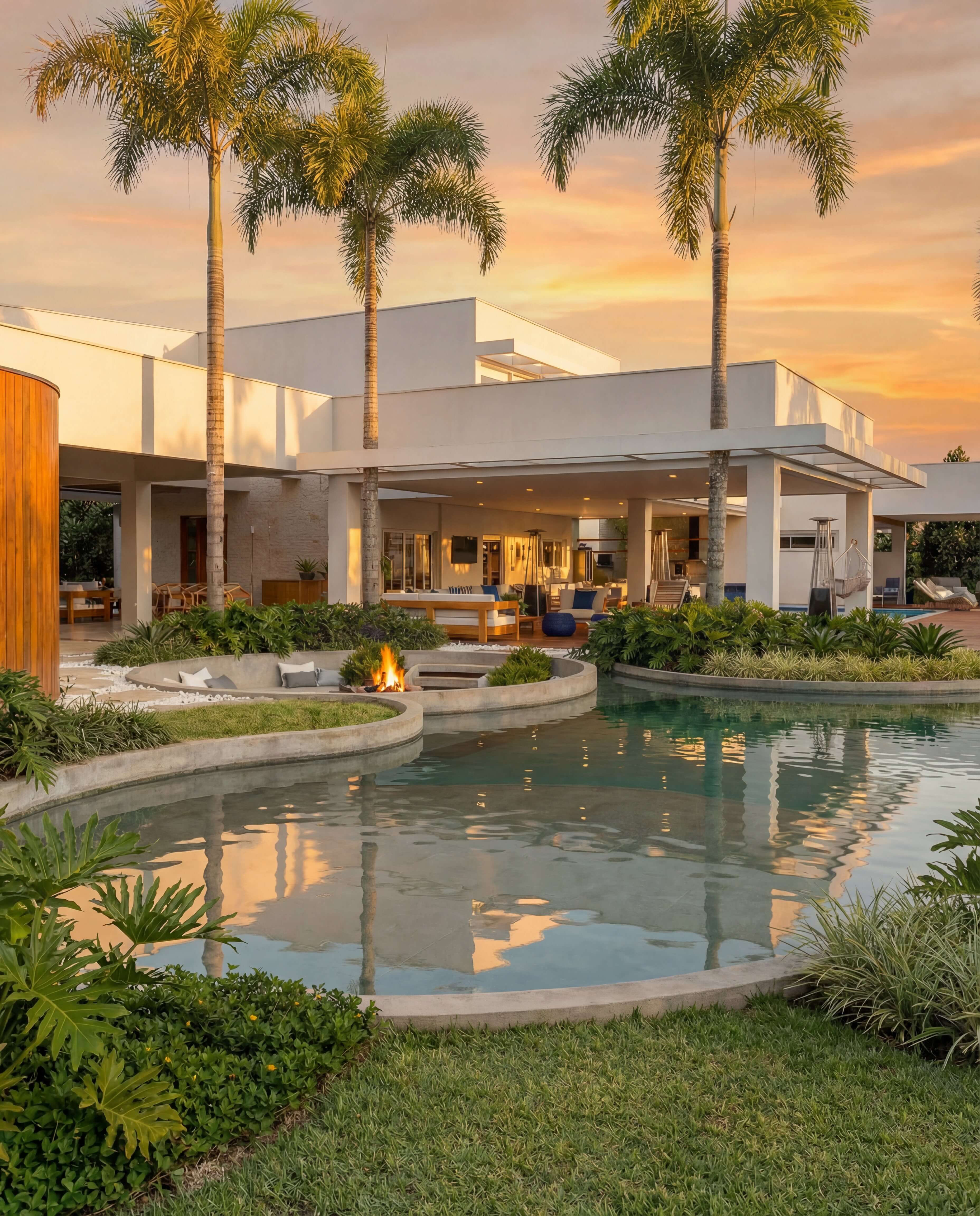 Vista externa da residência contemporânea com piscina e paisagismo ao entardecer