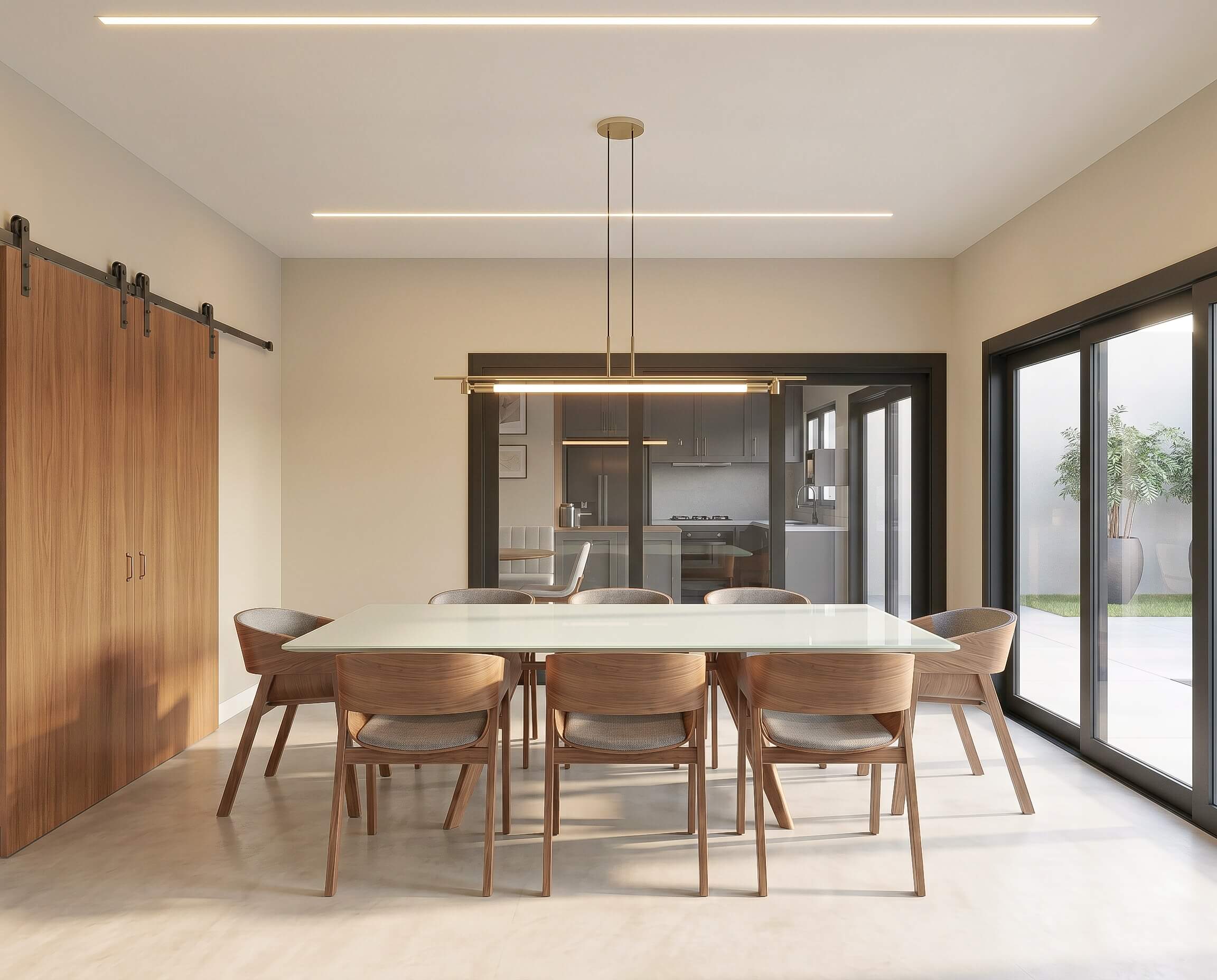 Sala de jantar integrada à cozinha com mobiliário em madeira e grandes aberturas