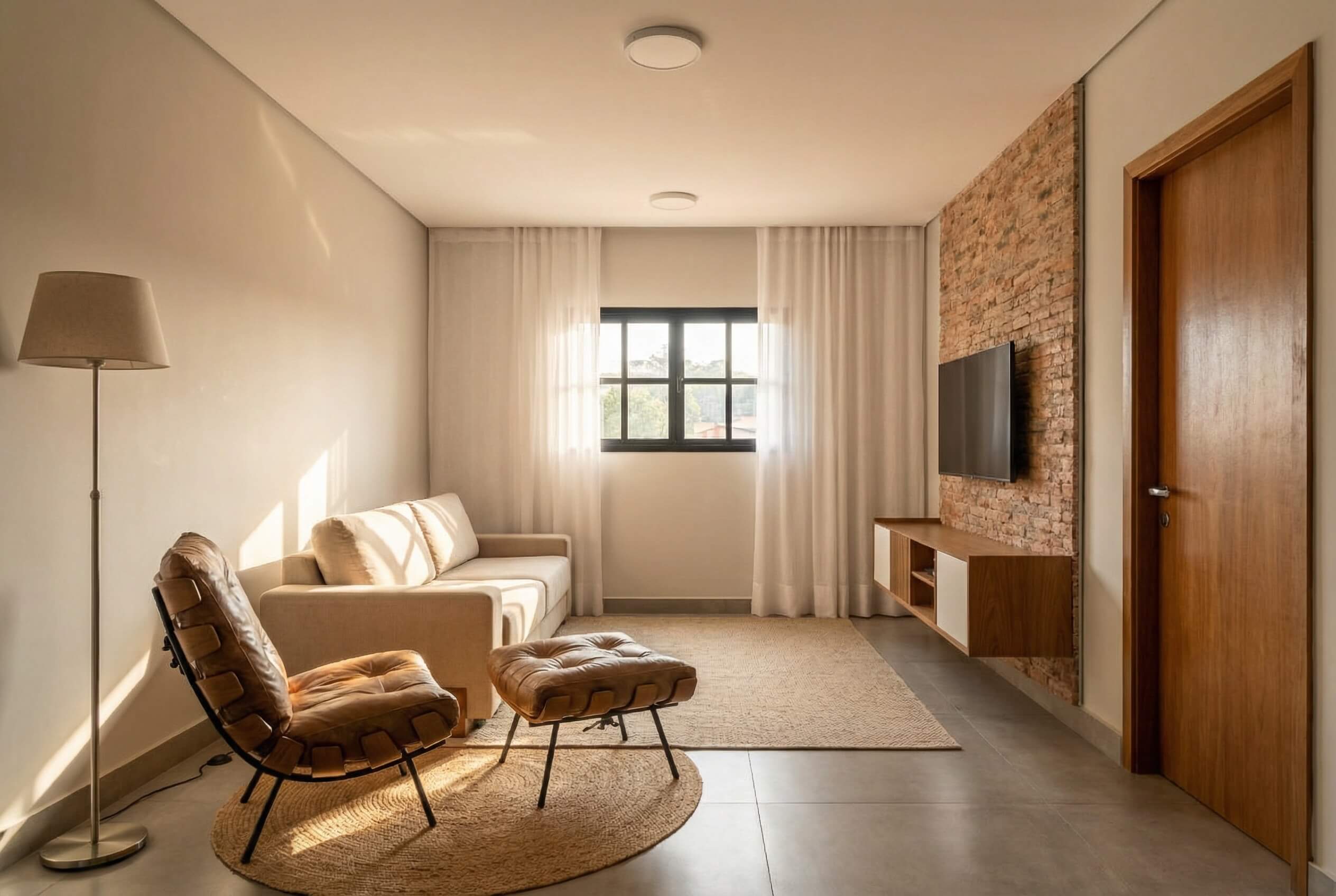 Sala de estar com iluminação natural, tijolos aparentes e mobiliário em tons neutros